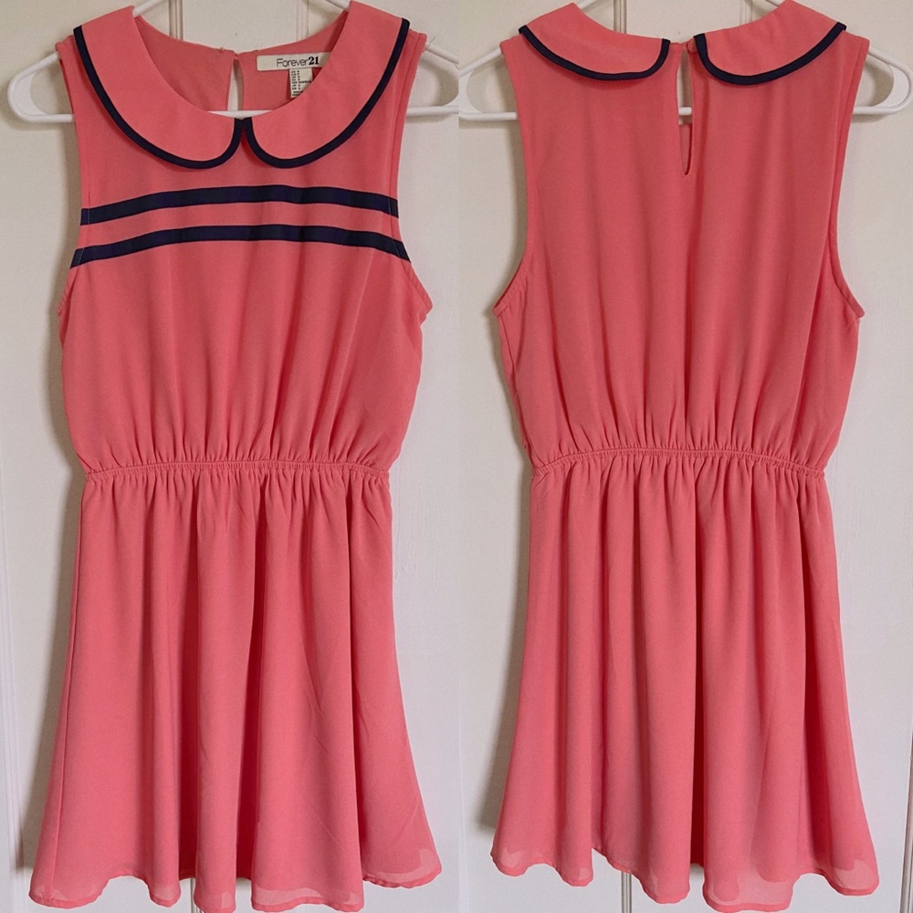 NWT Forever21 S PeterPan Collar Pink & Navy Dress Bridgerton Style Tea Dress Y2K